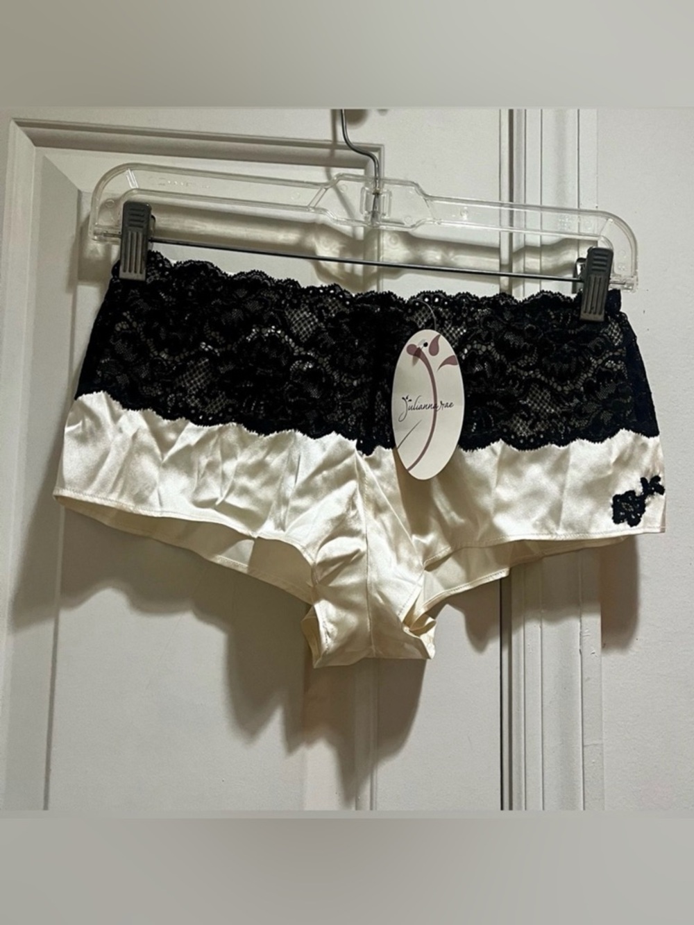 NWT Julianna Rae Ivory Women's Satin Boyshorts with Black Lace